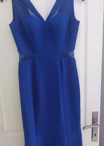 Parlak Mavi Uzun Balık Drapeli Kadın Abiye Elbise - Görsel 3