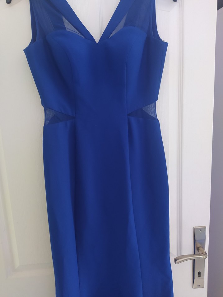 Parlak Mavi Uzun Balık Drapeli Kadın Abiye Elbise - Görsel 3