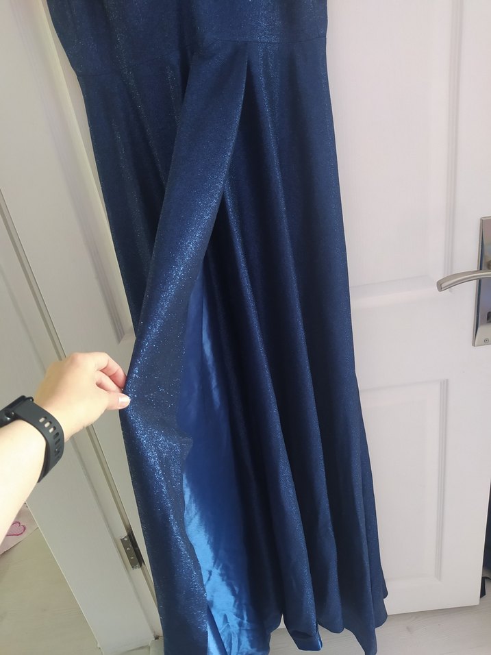 Parlak Lacivert V Yaka Askılı Uzun Elbise - Görsel 2