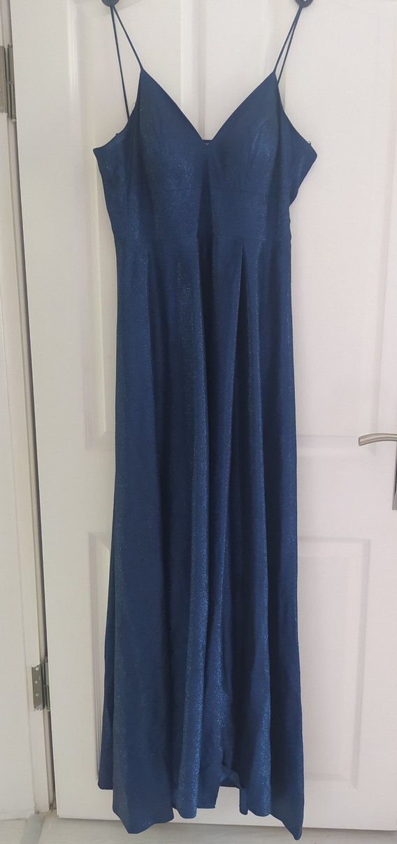 Parlak Lacivert V Yaka Askılı Uzun Elbise - Görsel 3