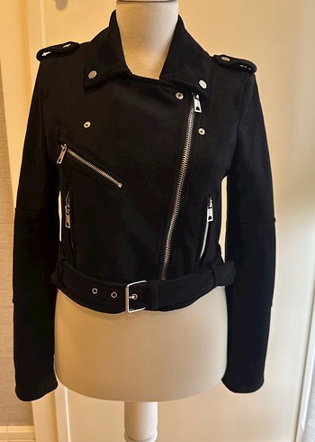 Siyah Süet Kemerli Biker Ceket