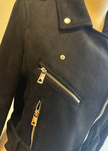 xs Beden Siyah Süet Kemerli Biker Ceket