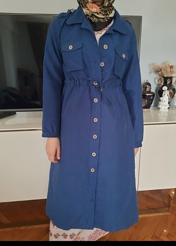 Düğmeli Mavi Uzun trenckot