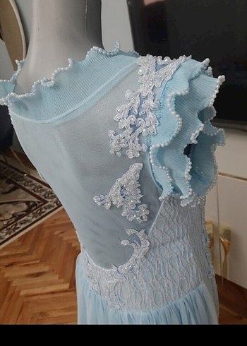 Mavi İşlemeli Uzun Abiye Elbise - Görsel 5