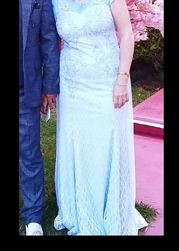 Mavi İşlemeli Uzun Abiye Elbise - Görsel 7