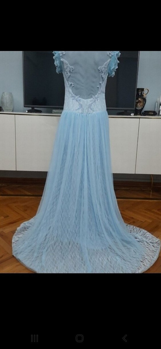 Mavi İşlemeli Uzun Abiye Elbise - Görsel 2