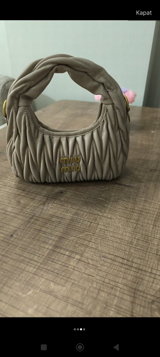 Bej Puf Detaylı Keten Kadın Çanta - Görsel 2