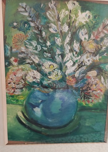 Turkuaz Vazo ve Çiçekler Pastel Tablo (30 x 41) - Görsel 2