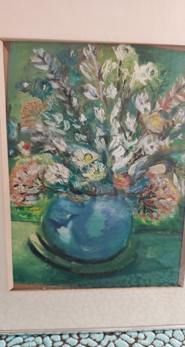 Turkuaz Vazo ve Çiçekler Pastel Tablo (30 x 41) - Görsel 2