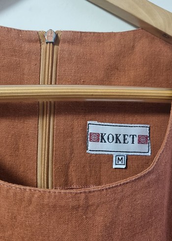 Diğer Bej Midi Keten Elbise, Kolsuz, Tek Renk