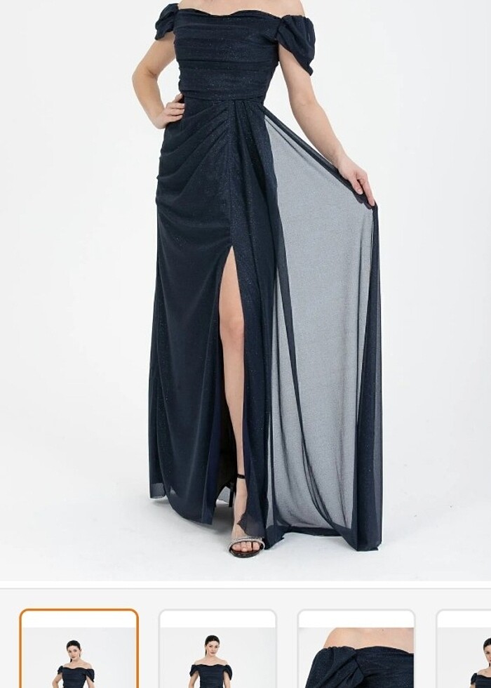 SİMLİ DRAPELİ YIRTMACLI LACİVERT ABİYE ELBİSE - Görsel 3