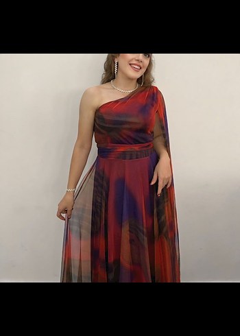 Tek Omuzlu Çok Renkli Uzun Elbise - Görsel 3