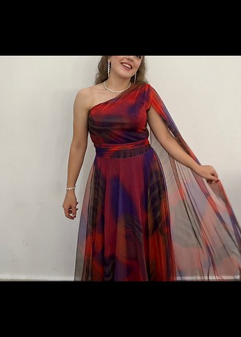 Tek Omuzlu Çok Renkli Uzun Elbise - Görsel 2