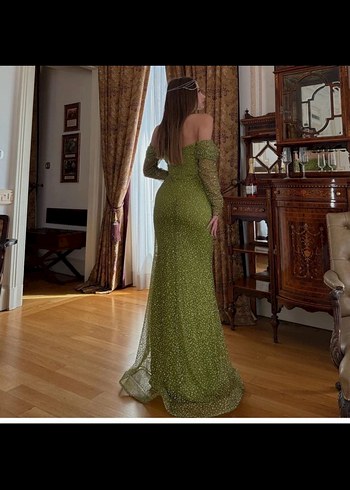 Kadın Taşlı  Yeşil Uzun Abiye Elbise - Görsel 2