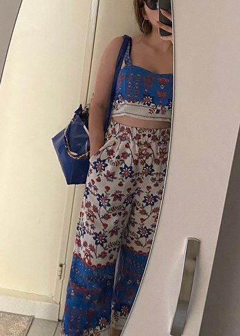Mavi Batik Desenli Bohem ikili takım