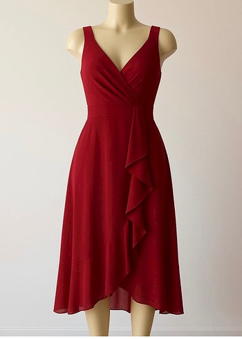 Bordo Drapeli V Yakalı Midi Abiye Elbise