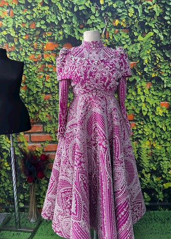 Uzun Kol Yüksek Yakalı Mor Batik Elbise