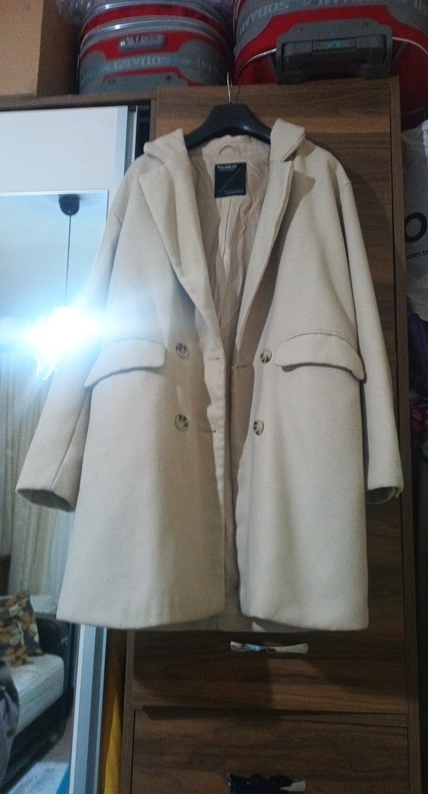 Bej Kadın Midi Boy Düğmeli Kaban - Görsel 2