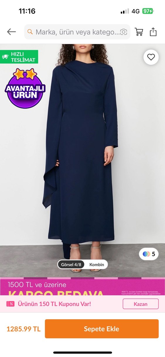 Drapeli Lacivert Uzun Kollu Kadın Elbise - Görsel 2