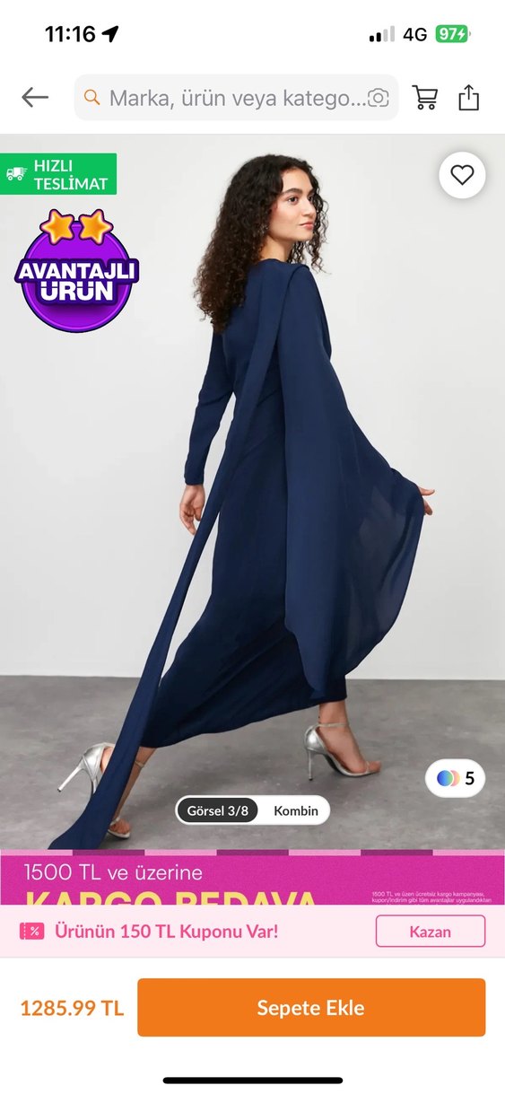 Lacivert Yüksek Yakalı Uzun Kollu Kadın Elbise - Görsel 2