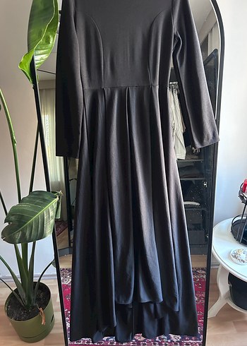 Siyah Uzun Kollu Salaş Keten Elbise - Görsel 2