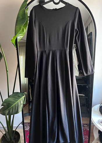 Siyah Uzun Kollu Salaş Keten Elbise - Görsel 3