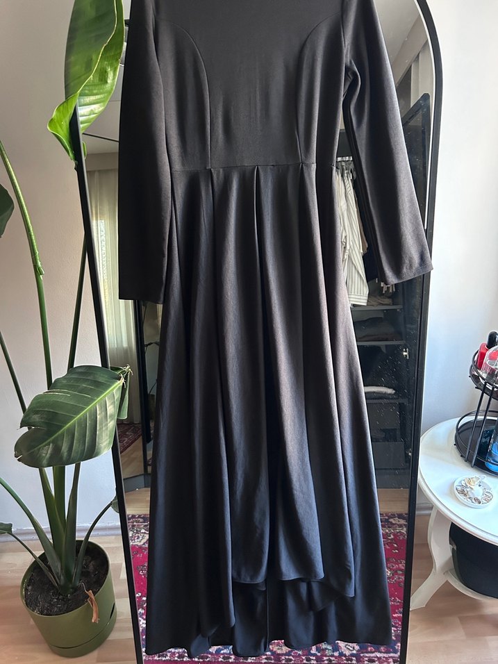 Siyah Uzun Kollu Salaş Keten Elbise - Görsel 2