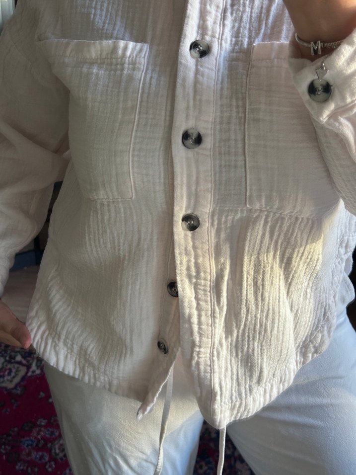 Düğmeli Beyaz Keten Salaş Gömlek - Görsel 2