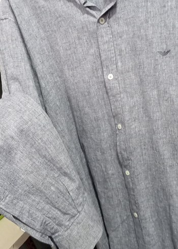 Gri Keten Erkek Gömlek, Düğmeli, Salaş Kesim sıfıra yakındır - Görsel 3