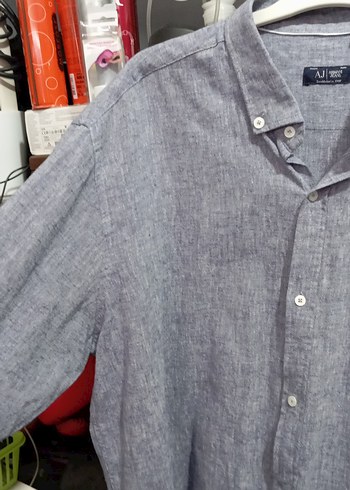 Gri Keten Erkek Gömlek, Düğmeli, Salaş Kesim sıfıra yakındır - Görsel 2