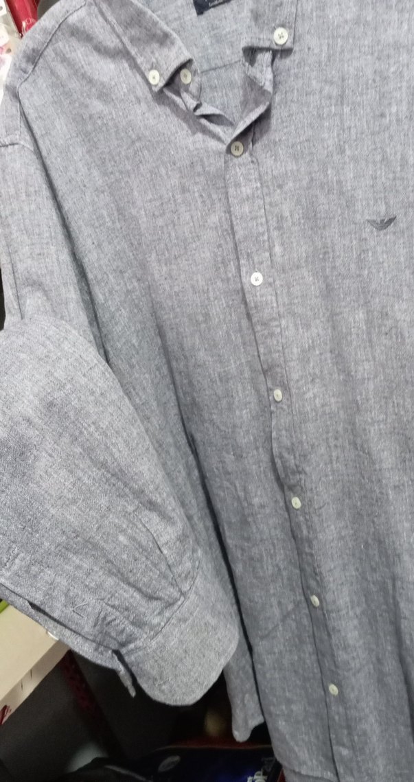 Gri Keten Erkek Gömlek, Düğmeli, Salaş Kesim sıfıra yakındır - Görsel 3
