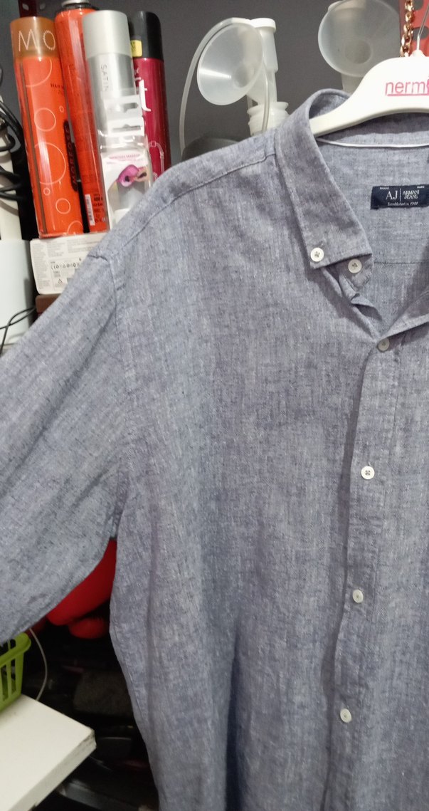 Gri Keten Erkek Gömlek, Düğmeli, Salaş Kesim sıfıra yakındır - Görsel 2
