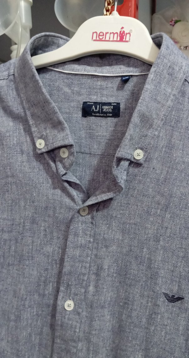 Gri Keten Erkek Gömlek, Düğmeli, Salaş Kesim sıfıra yakındır - Görsel 4