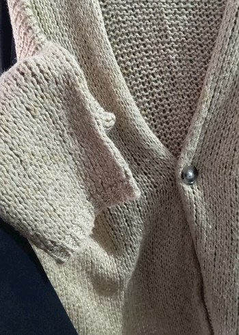 Bej V Yakalı Kadın Örgü Hırka salaş model - Görsel 3