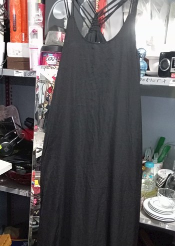 Siyah Uzun Keten V Yakalı Salaş Elbise - Görsel 2