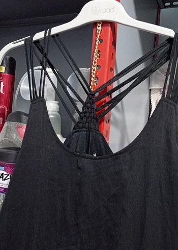 Siyah Uzun Keten V Yakalı Salaş Elbise - Görsel 3