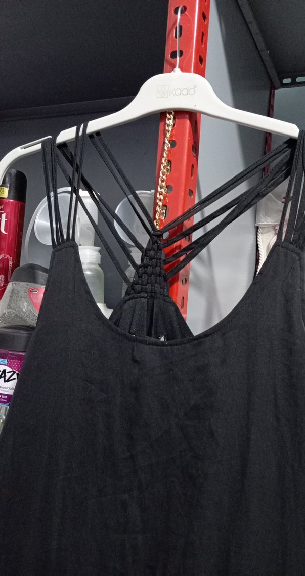 Siyah Uzun Keten V Yakalı Salaş Elbise - Görsel 3