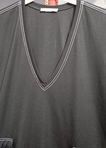 V Yaka Siyah Uzun Rahat Elbise - Görsel 3