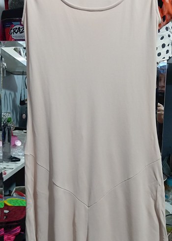 Bej V Yakalı Salaş Uzun Elbise - Görsel 2