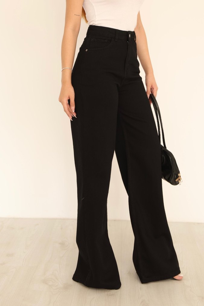 Siyah Bol Kesim Midi Denim Kadın Pantolon - Görsel 3