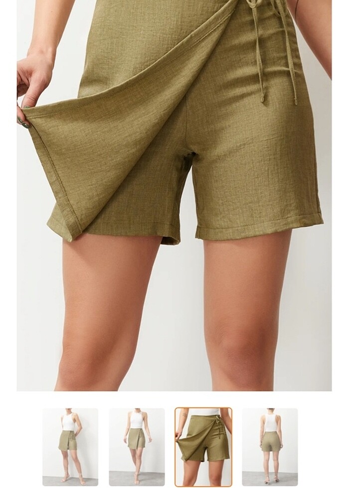 yağ yeşili yandan bağlamali keten sort etek - Görsel 2