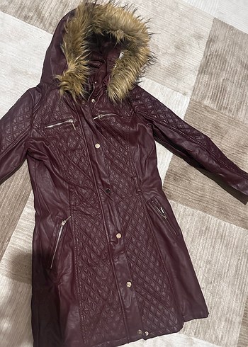 Kürklü Bordo Deri Kadın Mont - Görsel 2