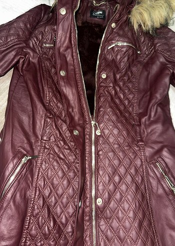 Kürklü Bordo Deri Kadın Mont - Görsel 3