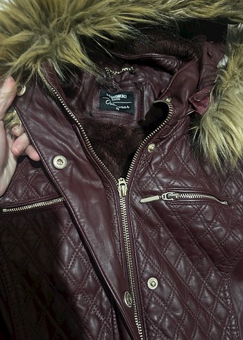 Kürklü Bordo Deri Kadın Mont - Görsel 4