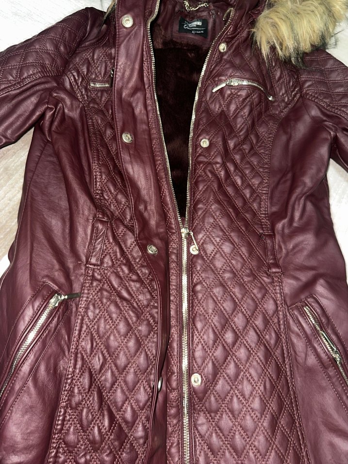 Kürklü Bordo Deri Kadın Mont - Görsel 3