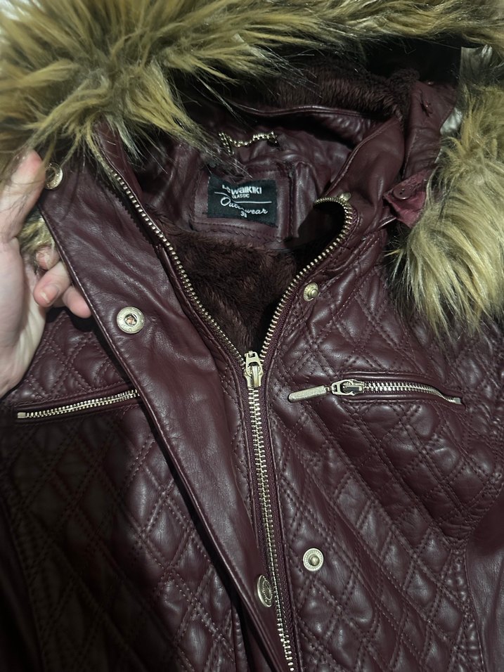 Kürklü Bordo Deri Kadın Mont - Görsel 4