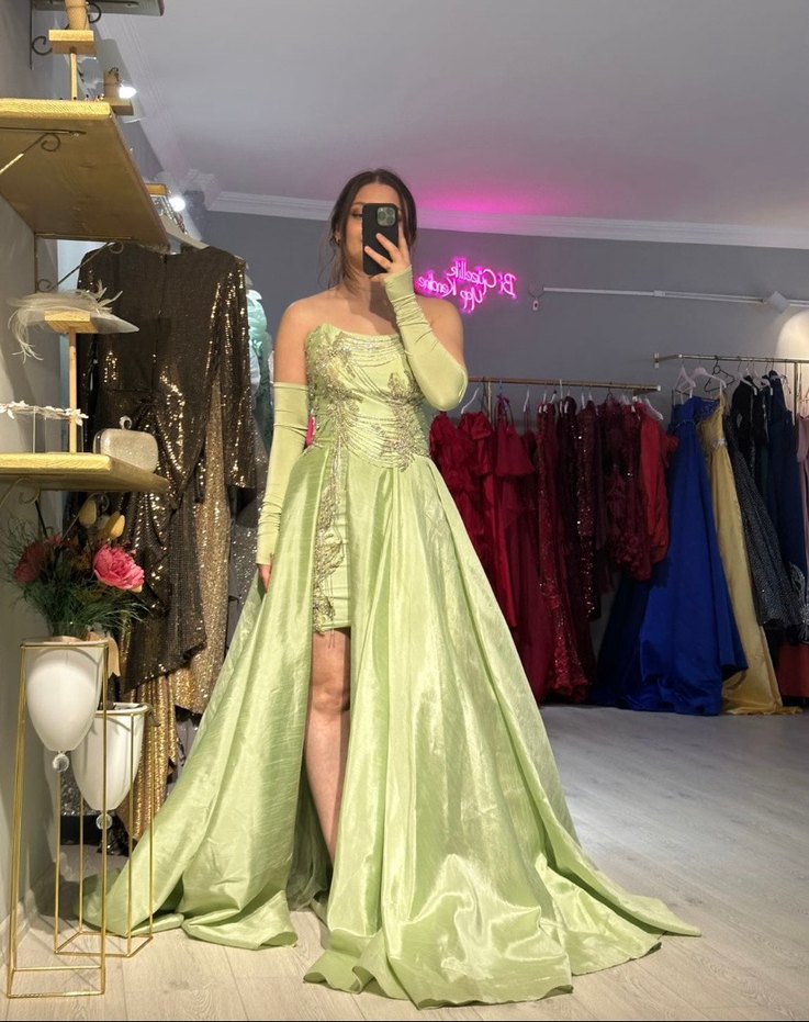 Ömür İn Marka Drapeli Straplez Yeşil İşlemeli Uzun Abiye - Görsel 2