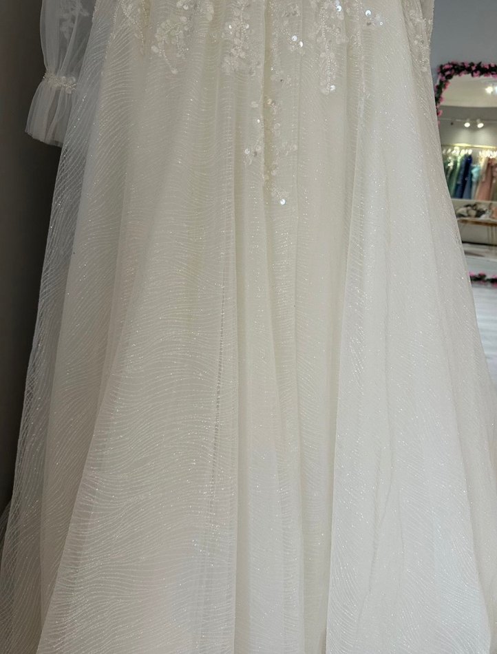 Uzun Kollu Beyaz V Yaka A Kesim Gelinlik - Görsel 5