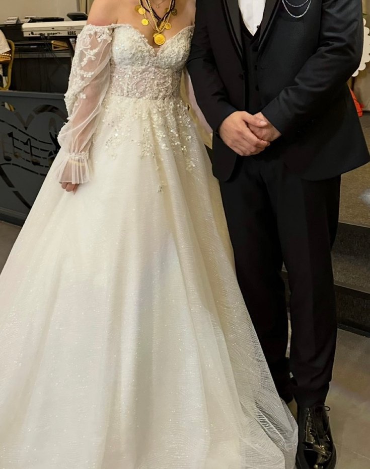 Uzun Kollu Beyaz V Yaka A Kesim Gelinlik - Görsel 2