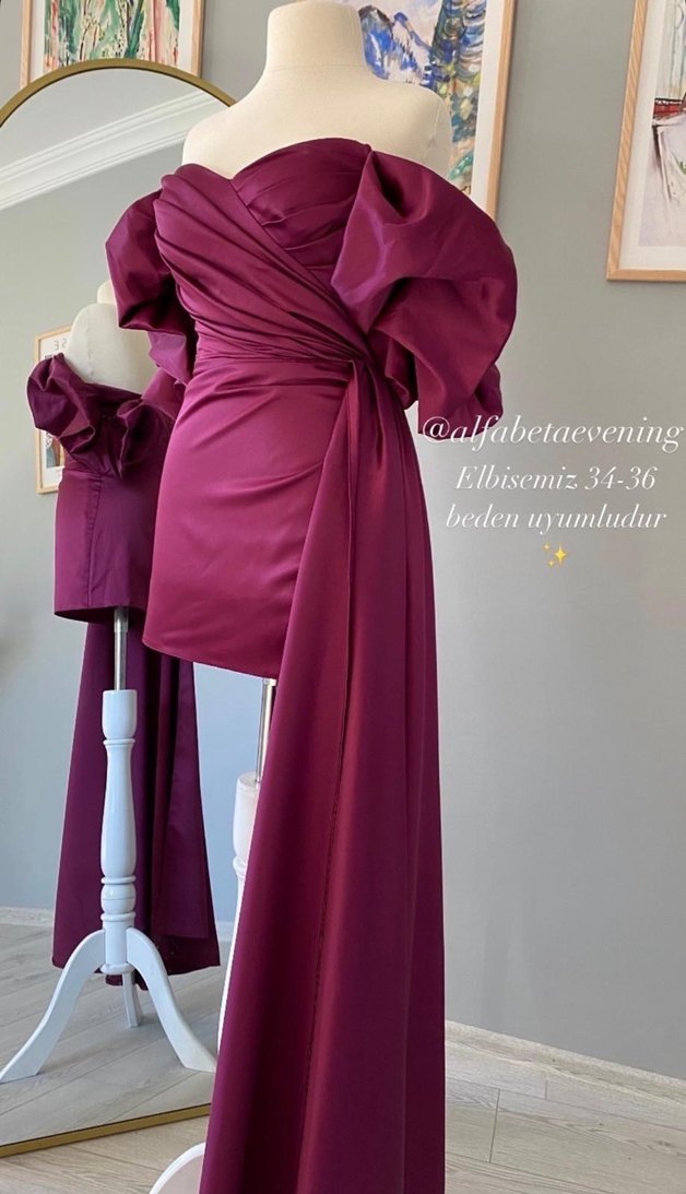 Parlak Mor Straplez Drapeli Mini Elbise - Görsel 5